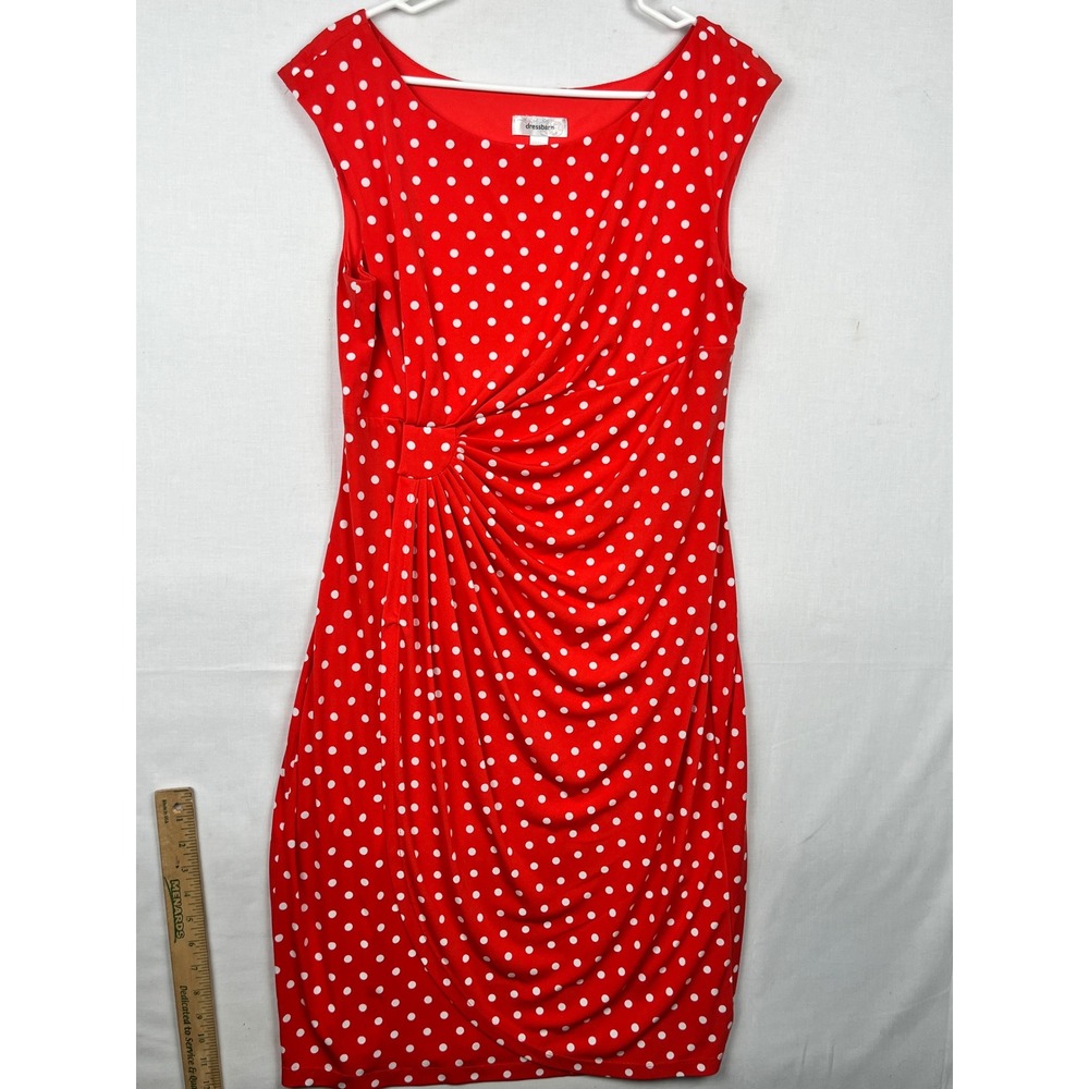 Dressbarn Polka Dot Sheath Dress Womens 14 Red White Sleeveless Faux Wrap Knee